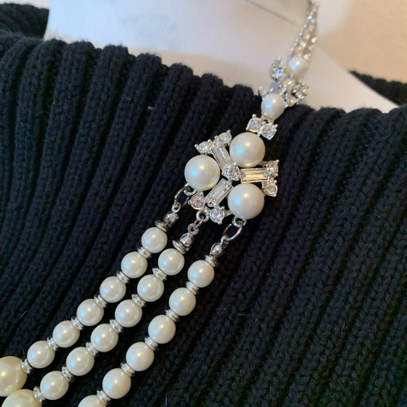 Faux Pearl and Rhinestone 3 Strand Necklace - Picture 4 of 11